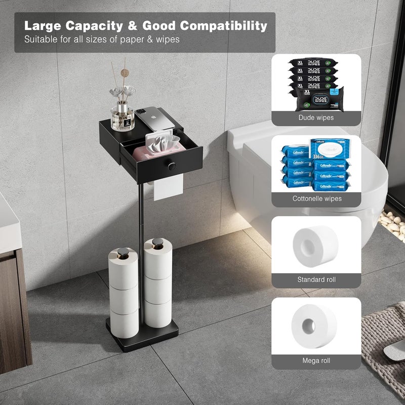Voldra Toilet Paper Holder Stand with Shelf, Free Standing Black Toilet Paper Roll Holder with Wipes Storage Drawer Heavy Duty Floor Bathroom Tissue Holder Freestanding No Drill Tp Holder for 7 Rolls - Image 4
